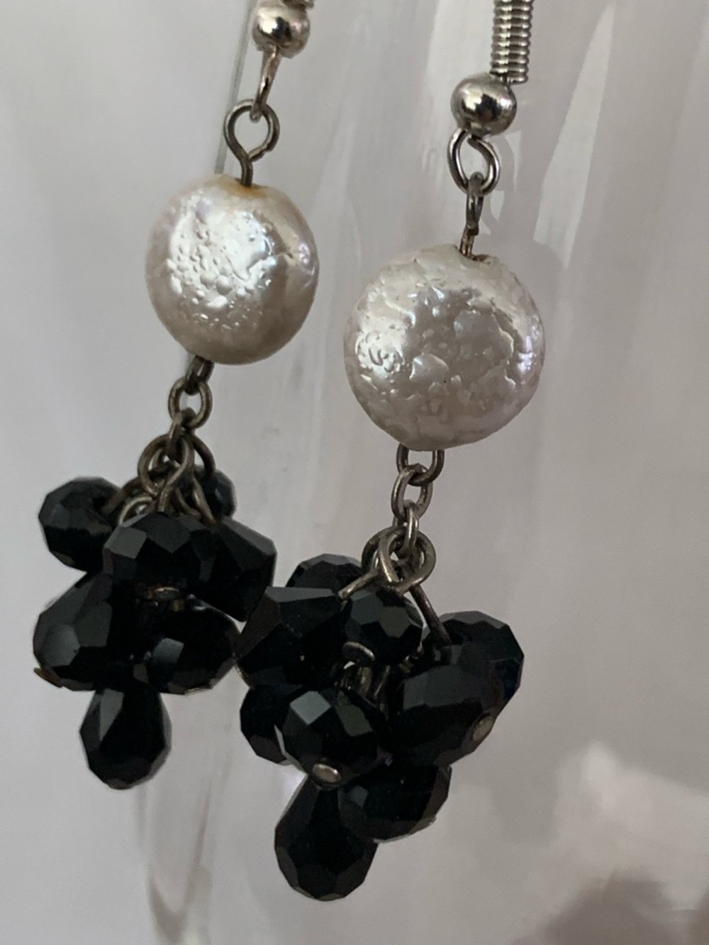 Faux Pearl and Black Bead Cluster Drop Earrings